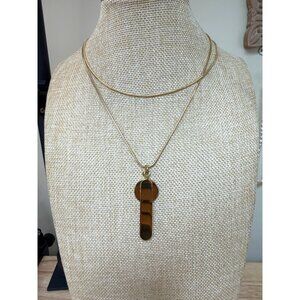 J. Crew Long Gold Tone Pendant Necklace With Double Chain & Polished Abstract Ch
